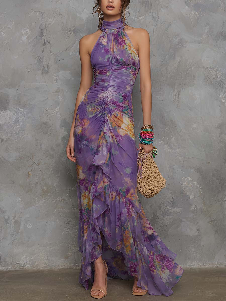 Casual Scoop-neck Low-cut Off-shoulder Colorful-printed Asymmetrical Wrap…