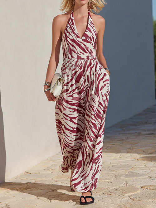 Backless Zebra-Print Casual Jumpsuit