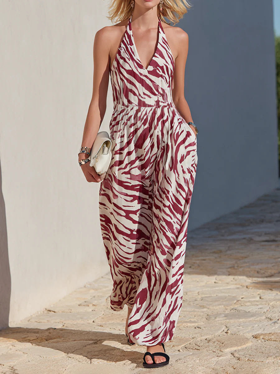 Backless Zebra-Print Casual Jumpsuit