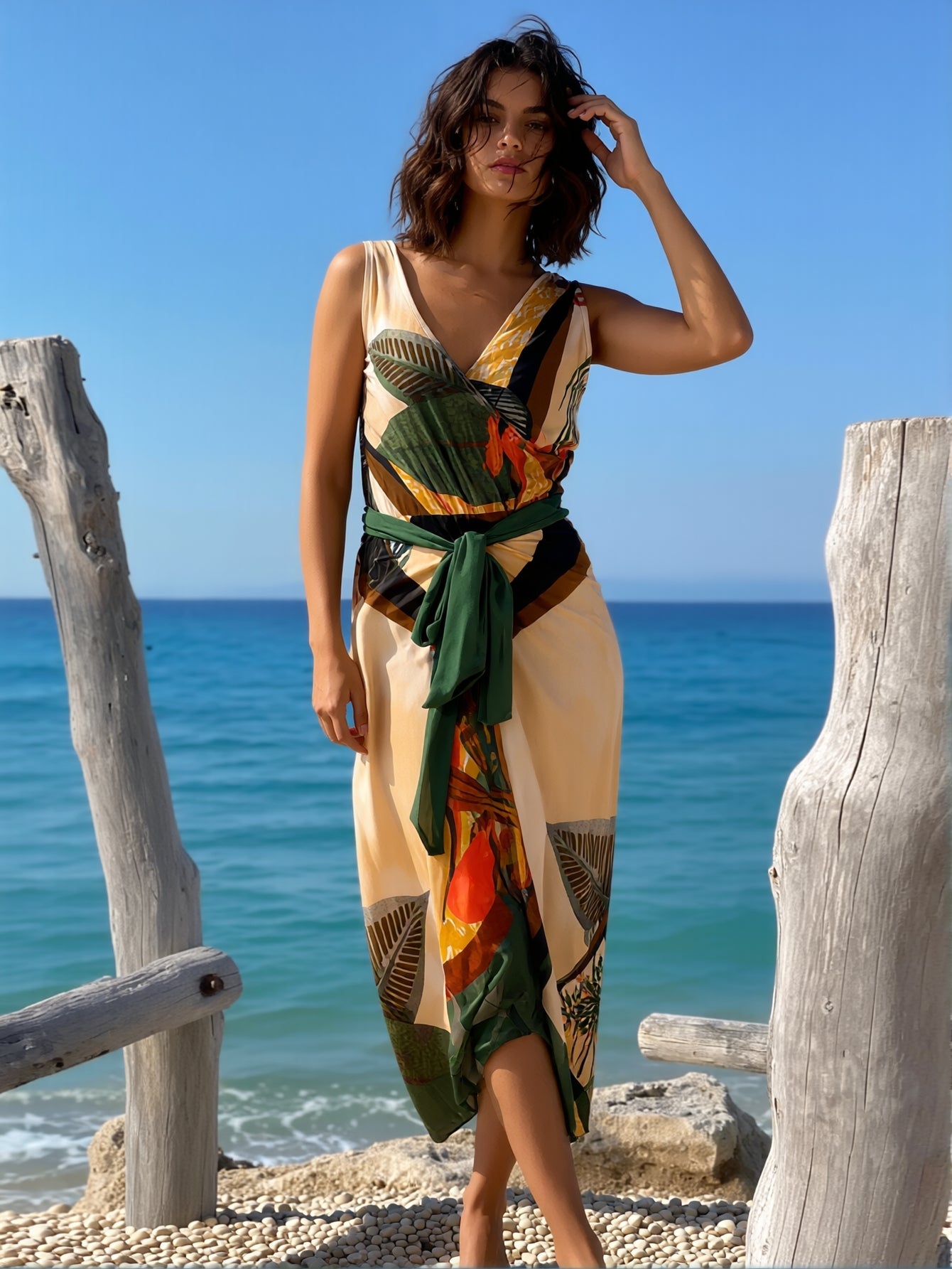 Vintage Tropical Leaf Print V Neck Sleeveless Waist Tie Midi Dress Women's…