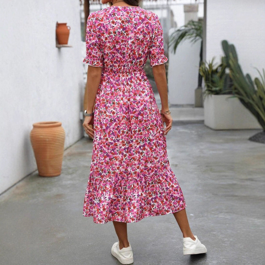 Printed Deep-V-neck Short-sleeve Dress
