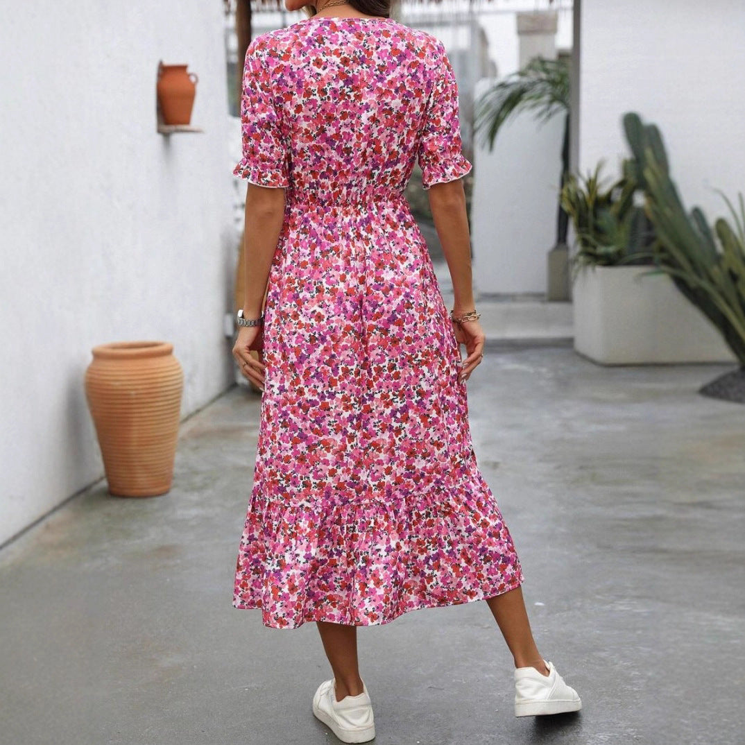 Printed Deep-V-neck Short-sleeve Dress