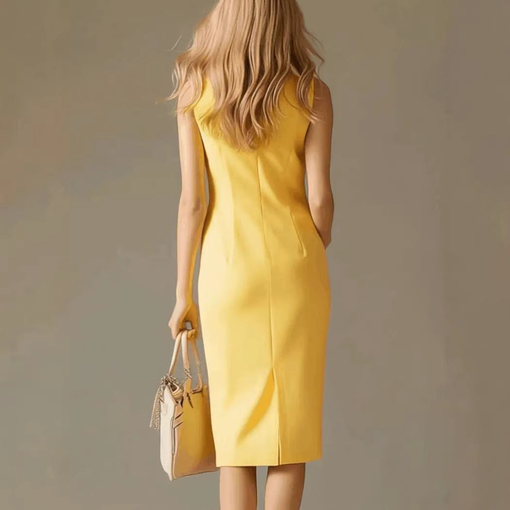 Contrast-color Stand-collar Midi Dress