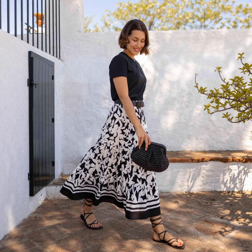 Casual Resort Flared Midi Skirt With A Botanical Print