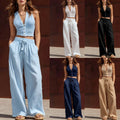 Casual Retro Knit Mesh Top And Cotton-linen Wide-leg Pants Set