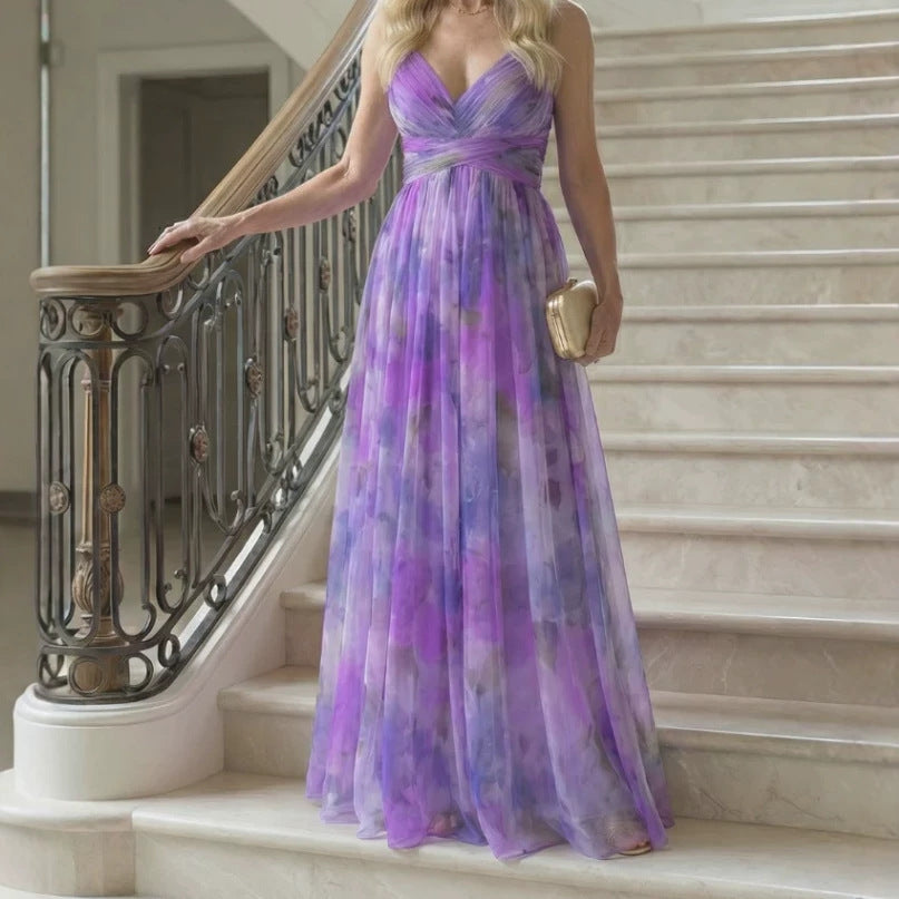 Digital-Print Chiffon Long Dress
