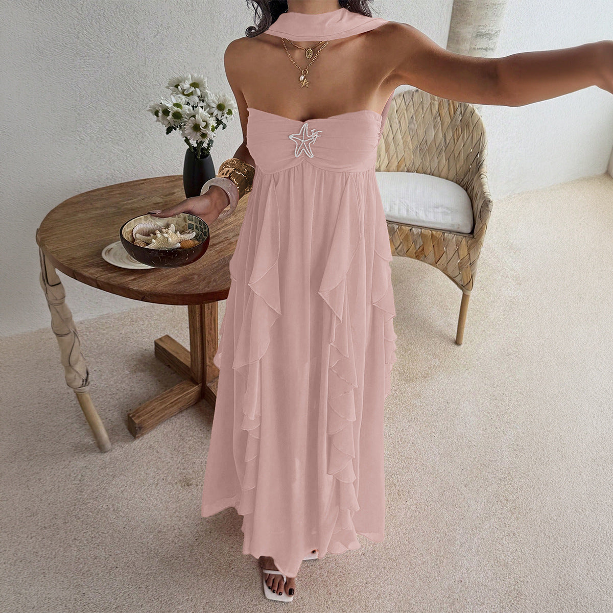 Boho-style Strapless Tiered Ruffle Dress