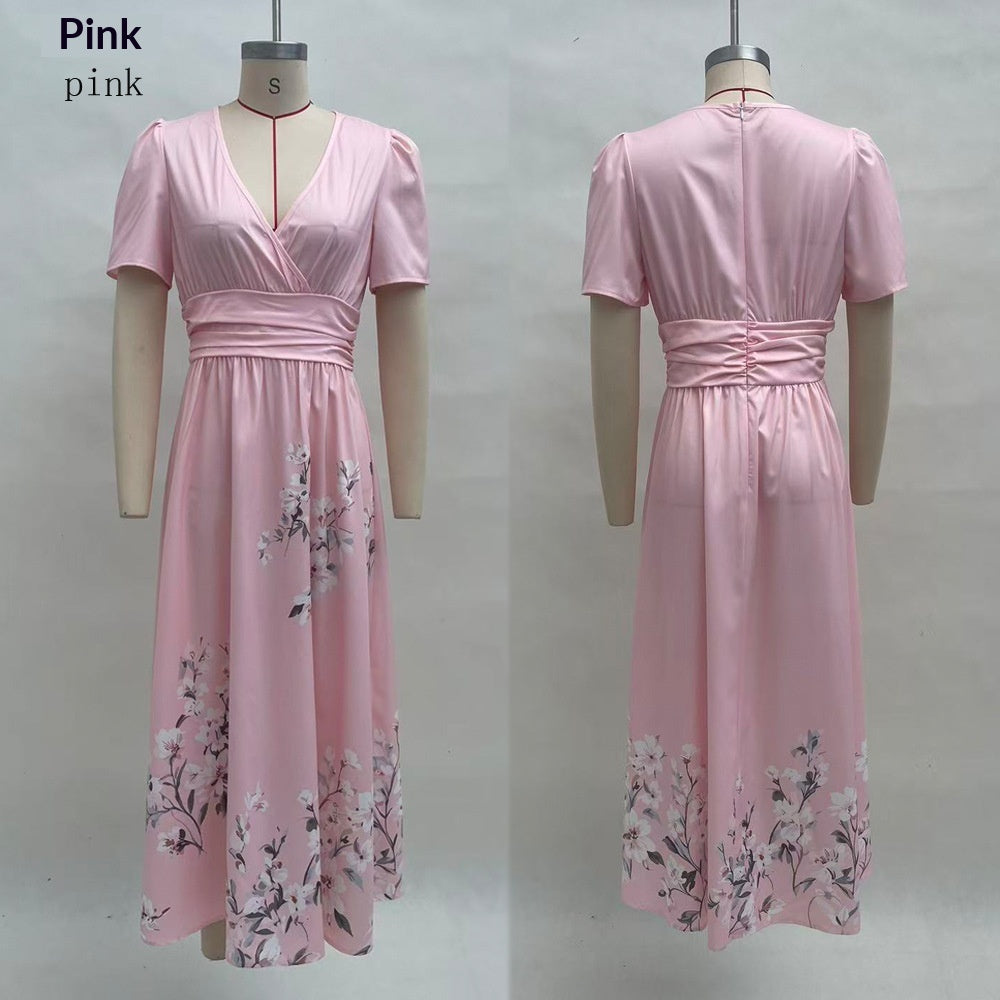 Digital-Print Floral Long-Sleeve V-Neck Pleated Dress