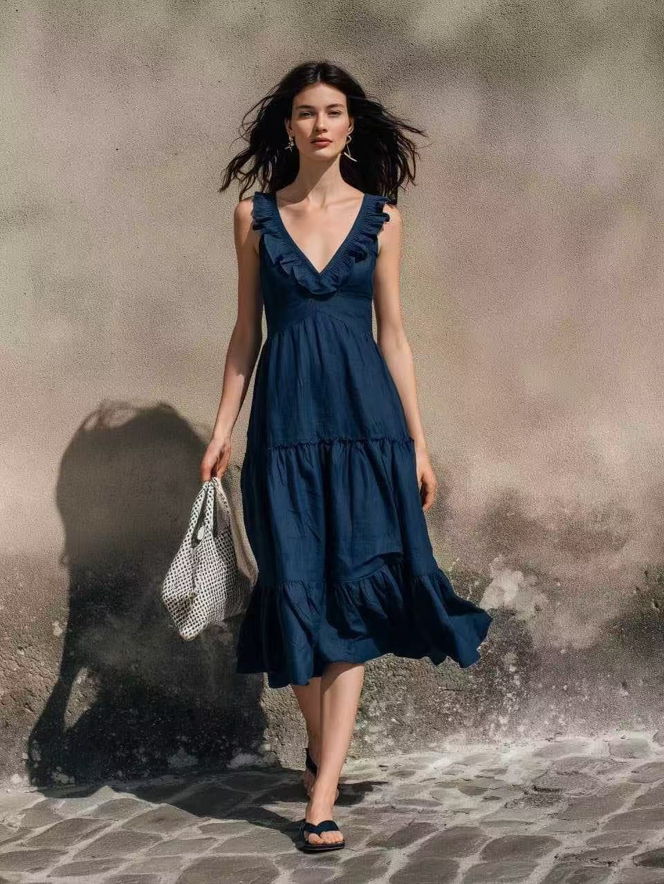V-neck Ruffled High-waisted Figure-flattering Midi Dress