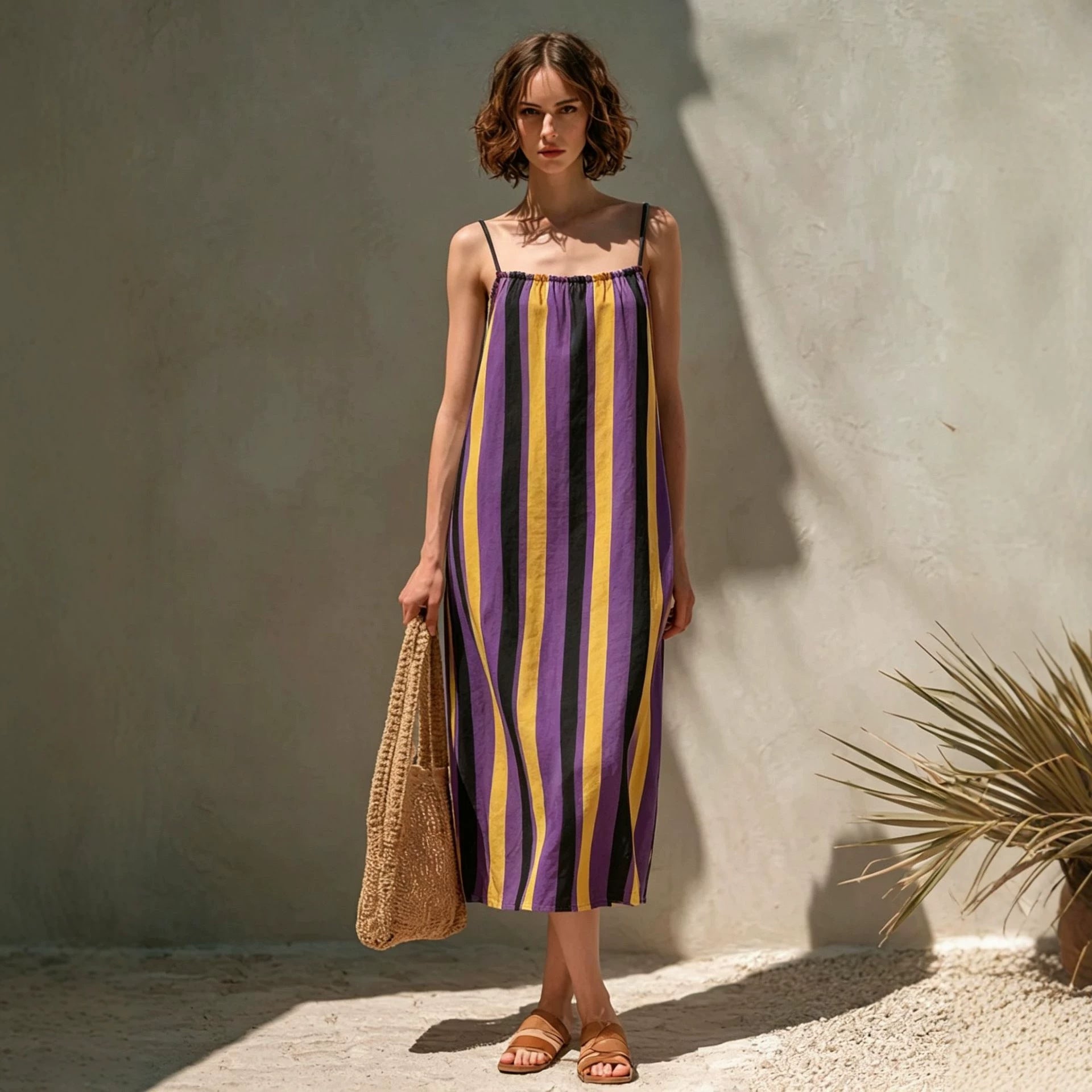Minimalist Striped Strap Midi Dress