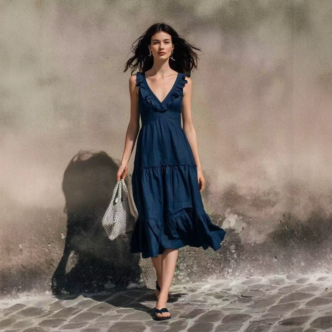 V-neck Ruffled High-waisted Figure-flattering Midi Dress