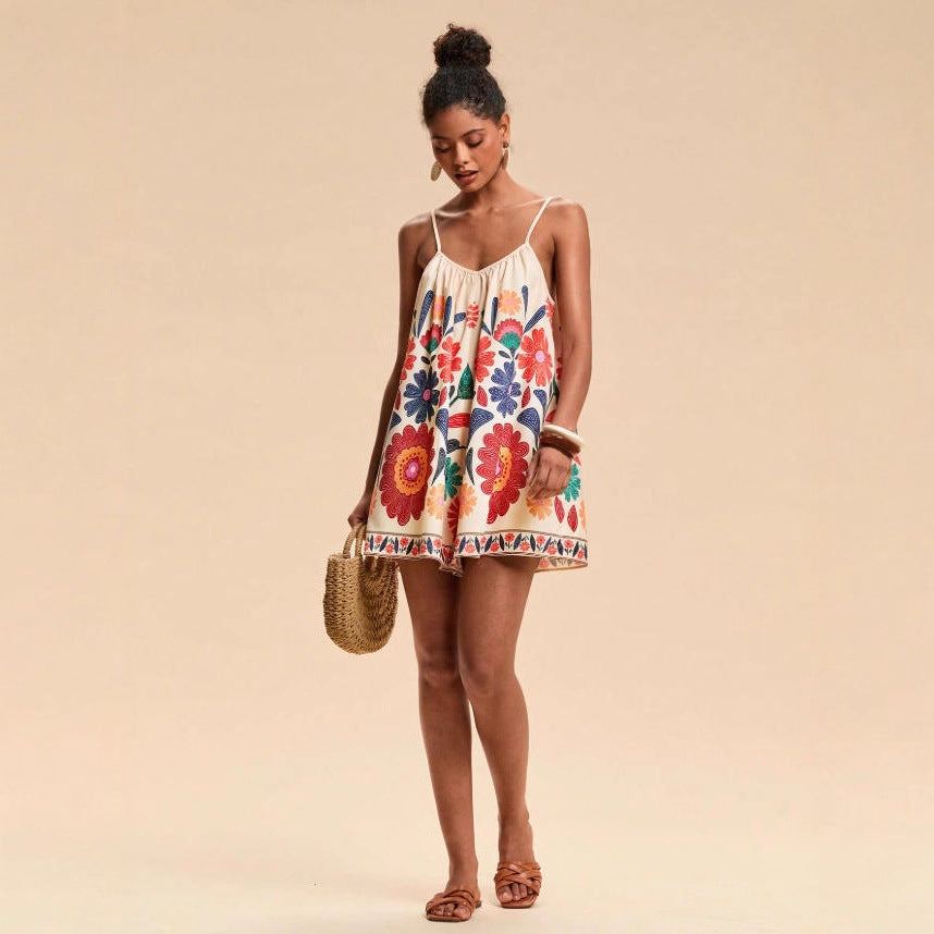 Resort-style Casual Loose-fitting Plant-floral Strap Jumpsuit