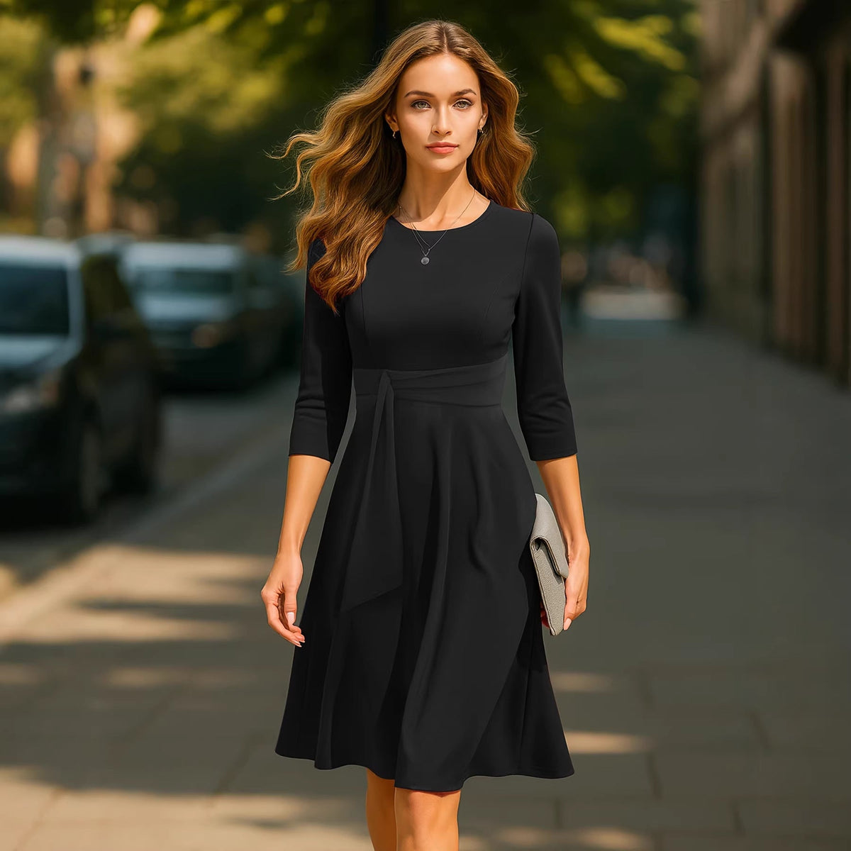 Solid Color Round Neck Three-quarters Sleeved Wine Red A-line Skirt Dress