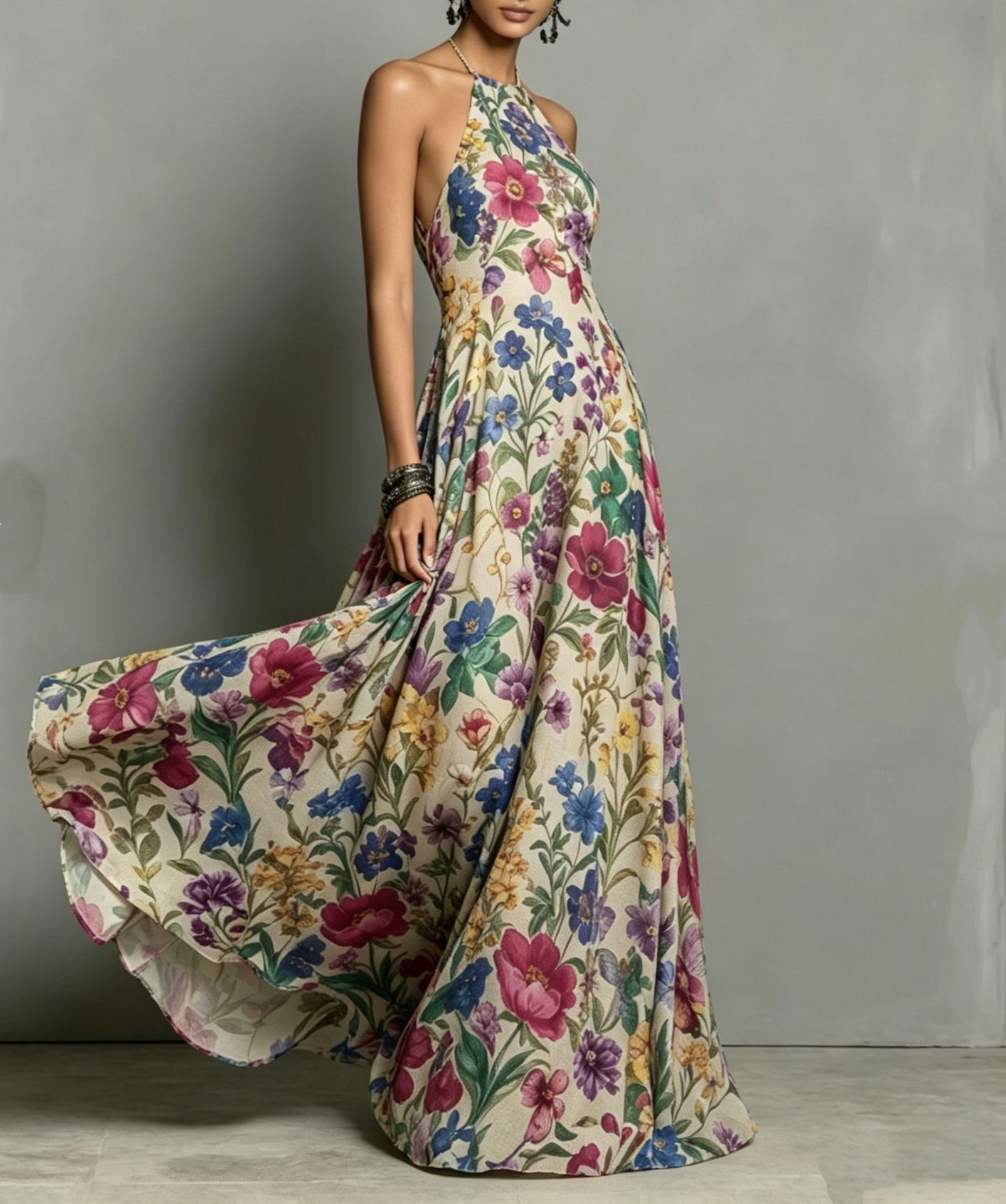Plant And Floral Print Halter-neck Dress