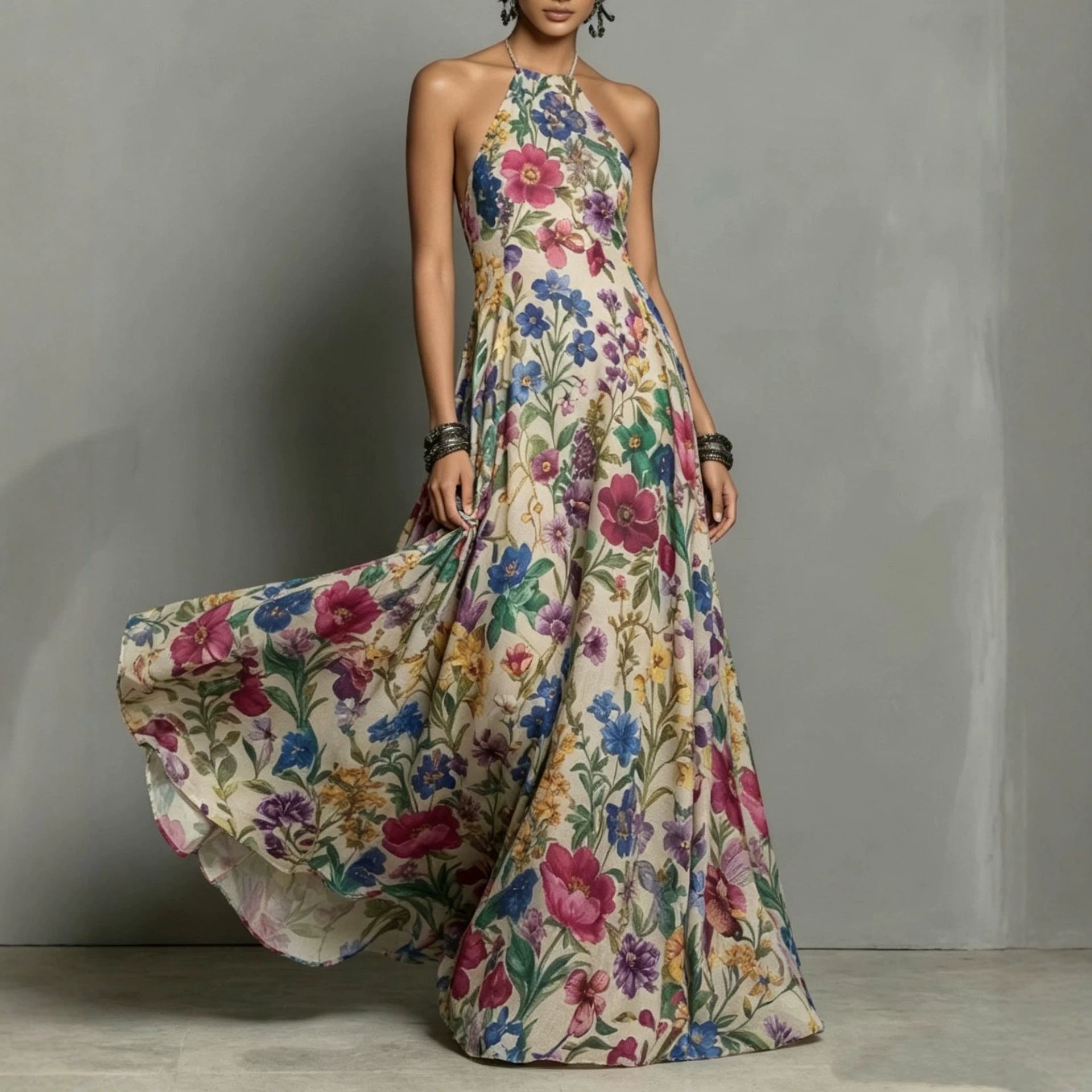 Plant And Floral Print Halter-neck Dress