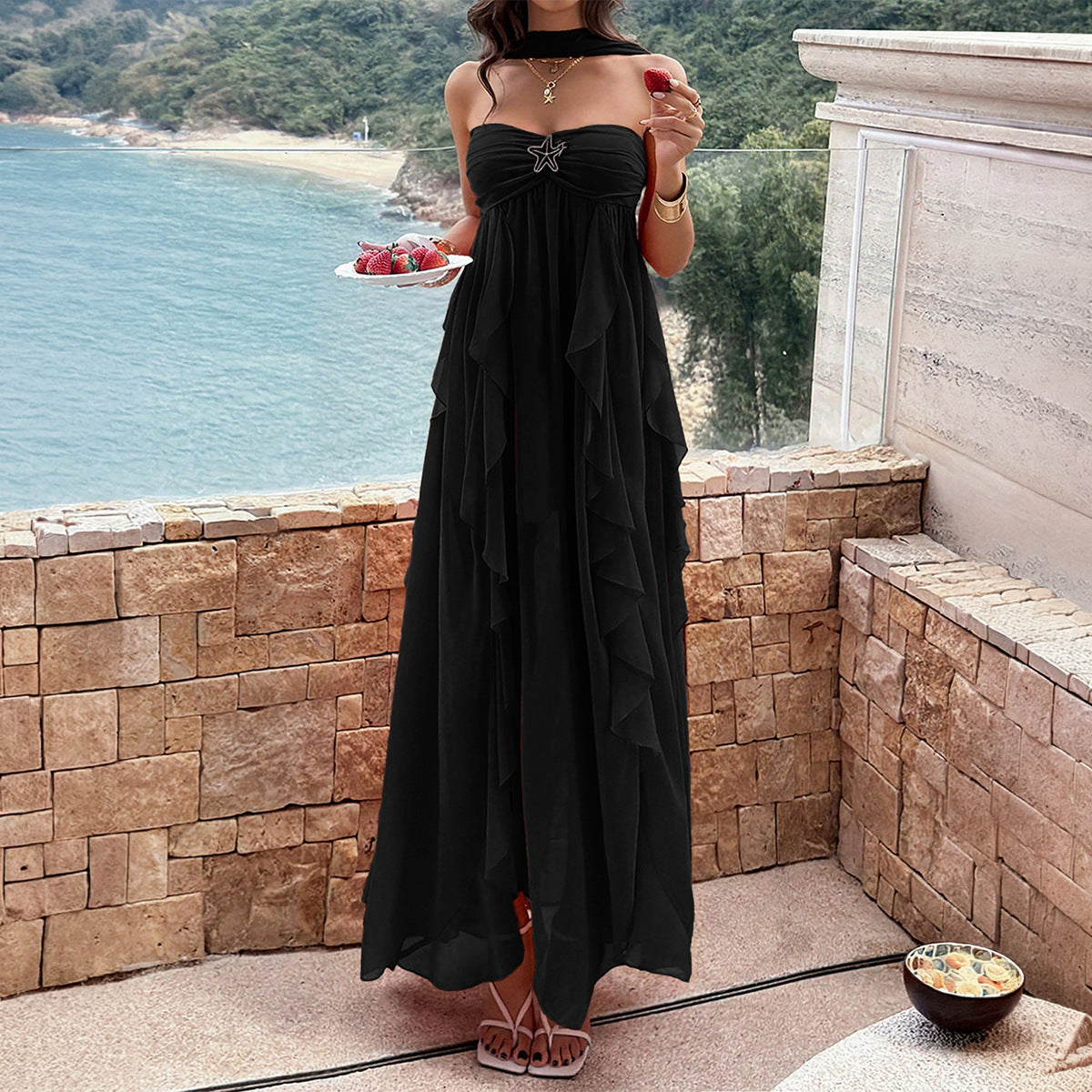 Boho-style Strapless Tiered Ruffle Dress