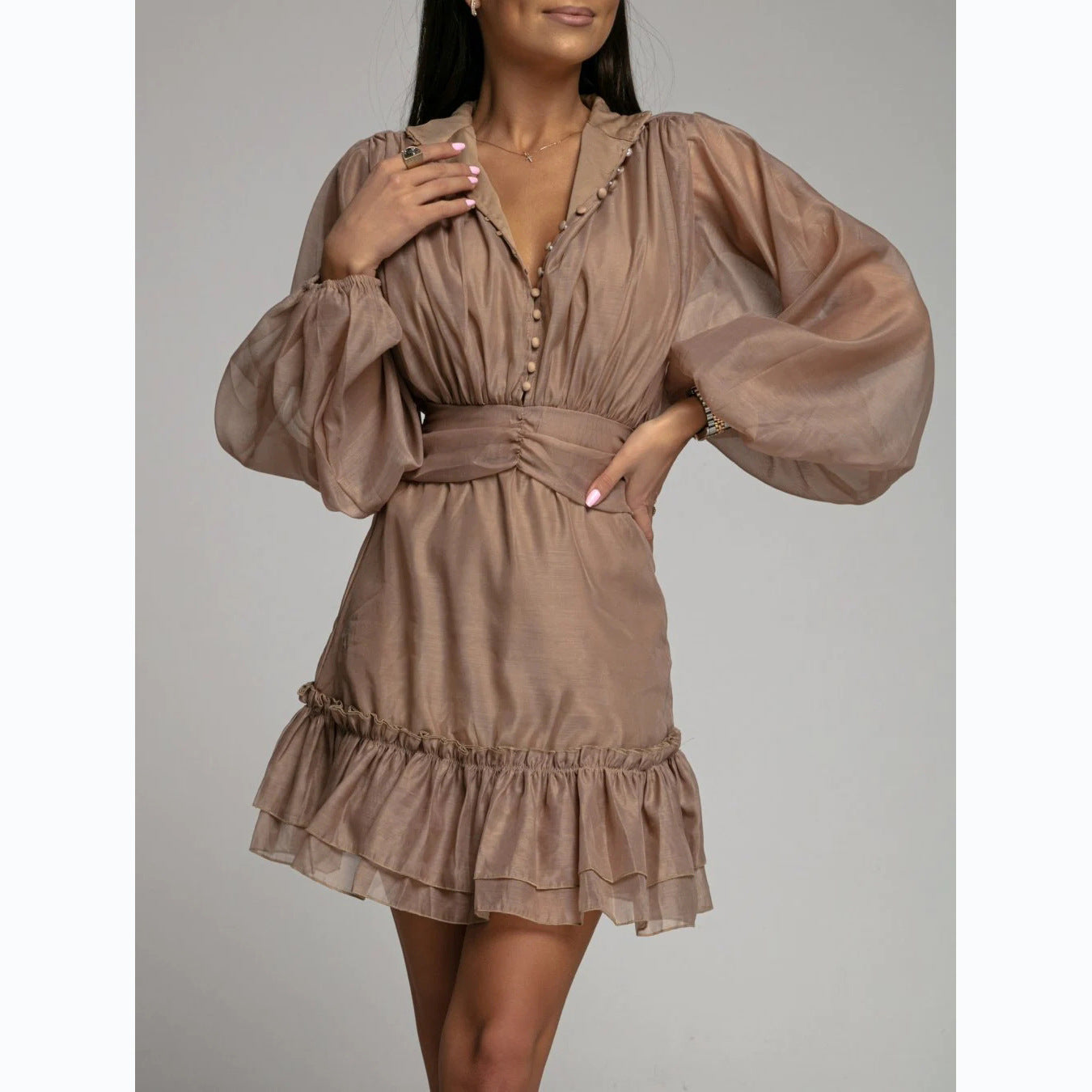Button-front Waist-cinching Lace Dress With Ruffled Hem