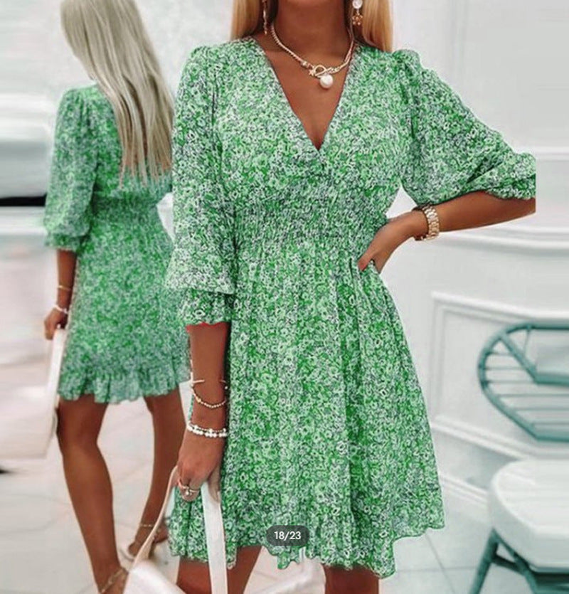 New Bohemian Floral Print Midi Dress Short Sleeve Pullover Waist Slim Dress…