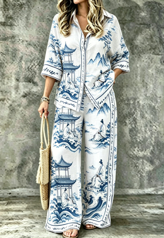 Spring Summer Digital-Print Shirt And Pants Set