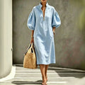 Summer Casual Loose-fit Stand-collar Puff-sleeve Dress
