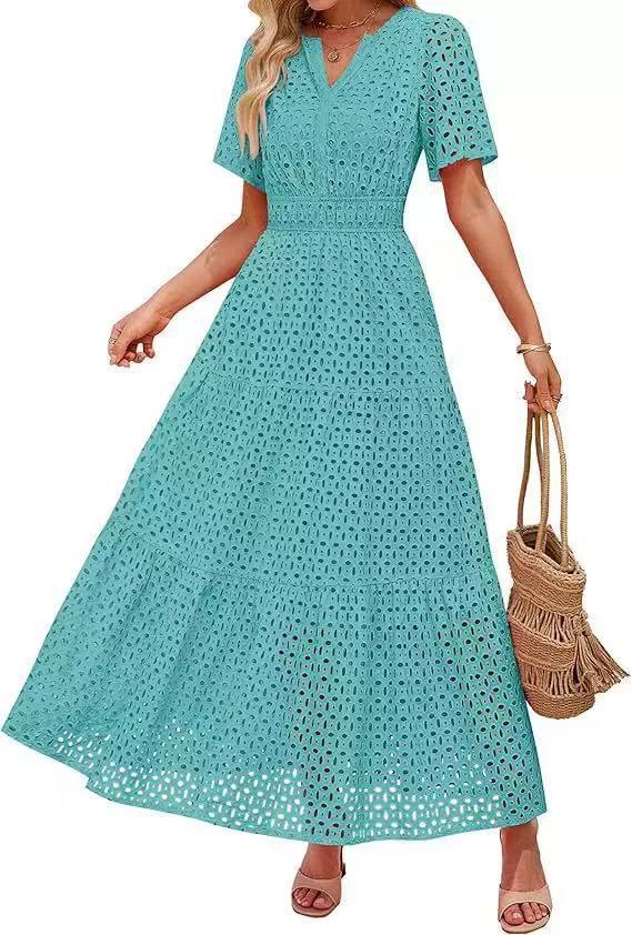 Short-Sleeve V-Neck Hollow-Out Dress
