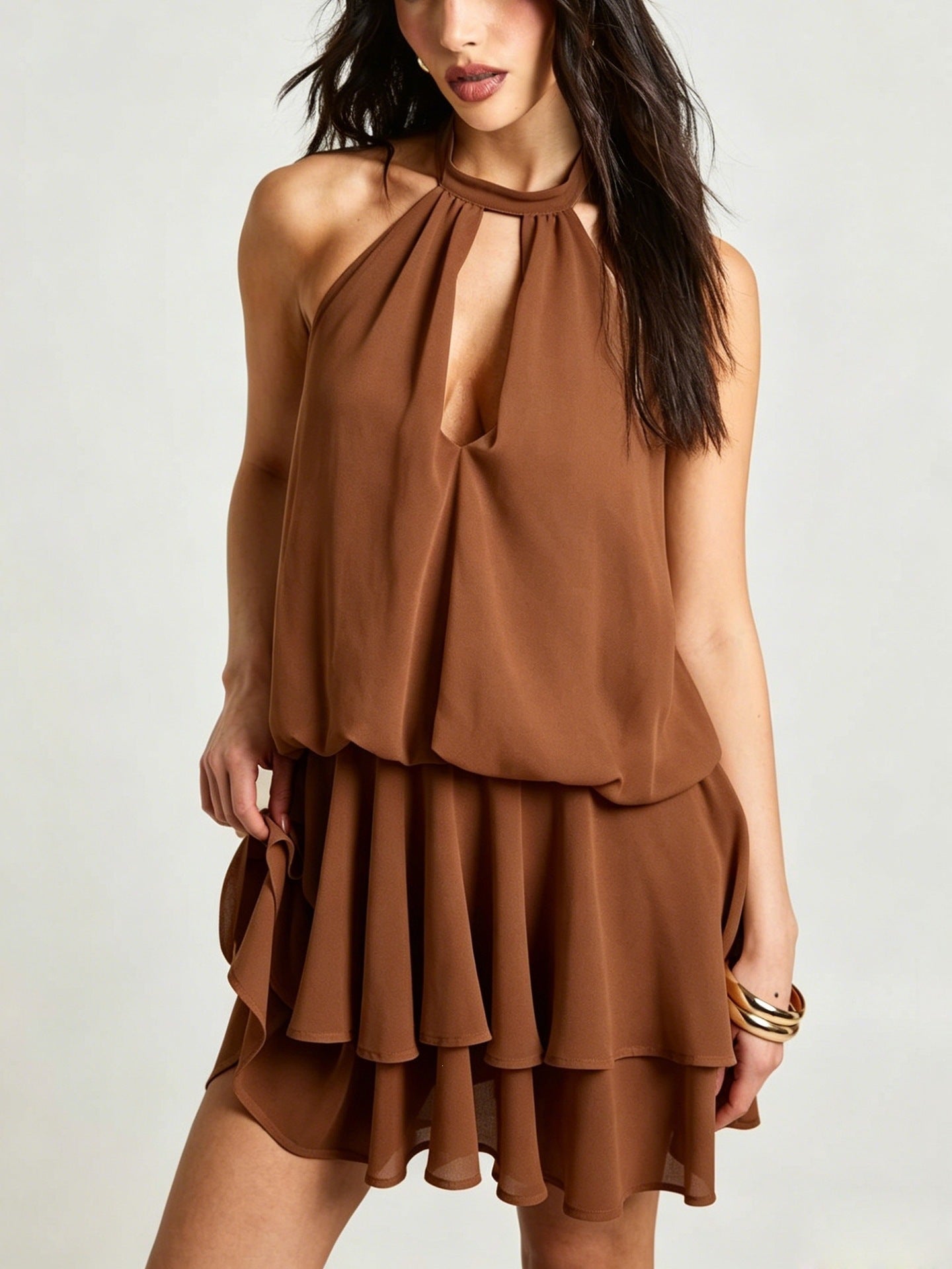 Elegant Backless Chiffon Mini Dress With A Flounced Hem For Summer