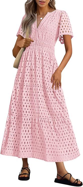 Short-Sleeve V-Neck Hollow-Out Dress