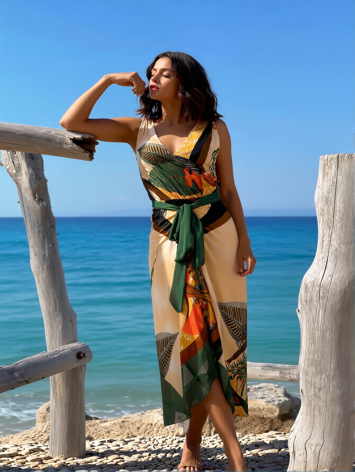 Vintage Tropical Leaf Print V Neck Sleeveless Waist Tie Midi Dress Women's…