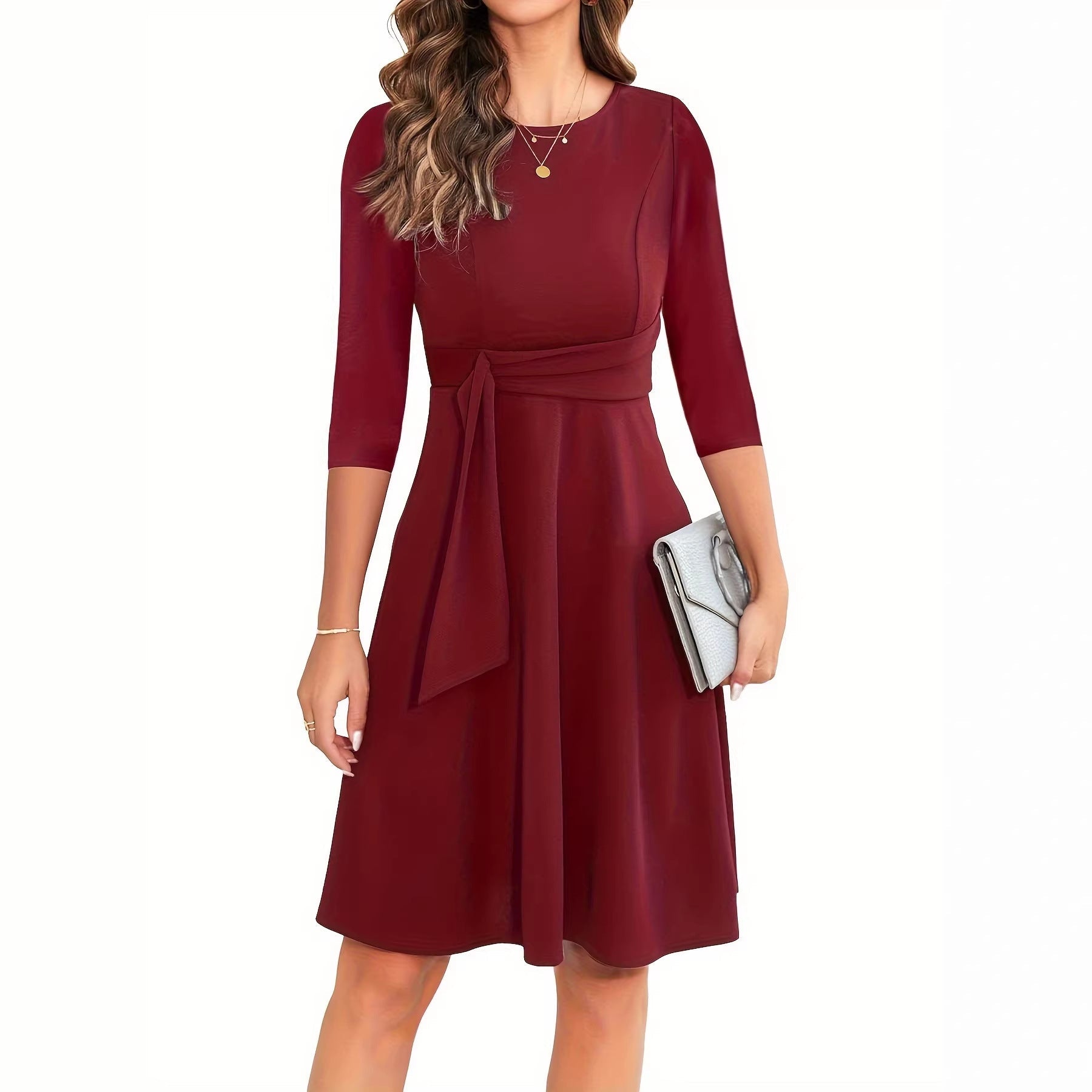 Solid Color Round Neck Three-quarters Sleeved Wine Red A-line Skirt Dress