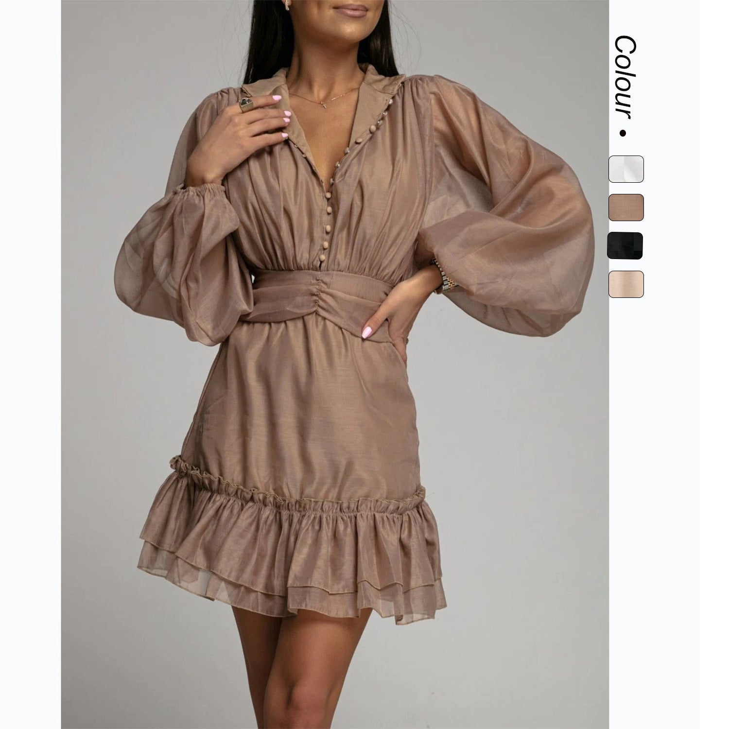 Button-front Waist-cinching Lace Dress With Ruffled Hem