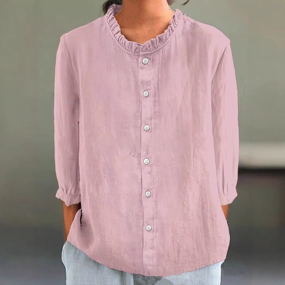 Casual Solid-Color Cotton-Linen Single-Breasted Shirt Set