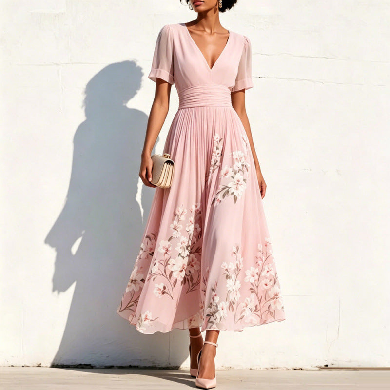 Digital-Print Floral Long-Sleeve V-Neck Pleated Dress