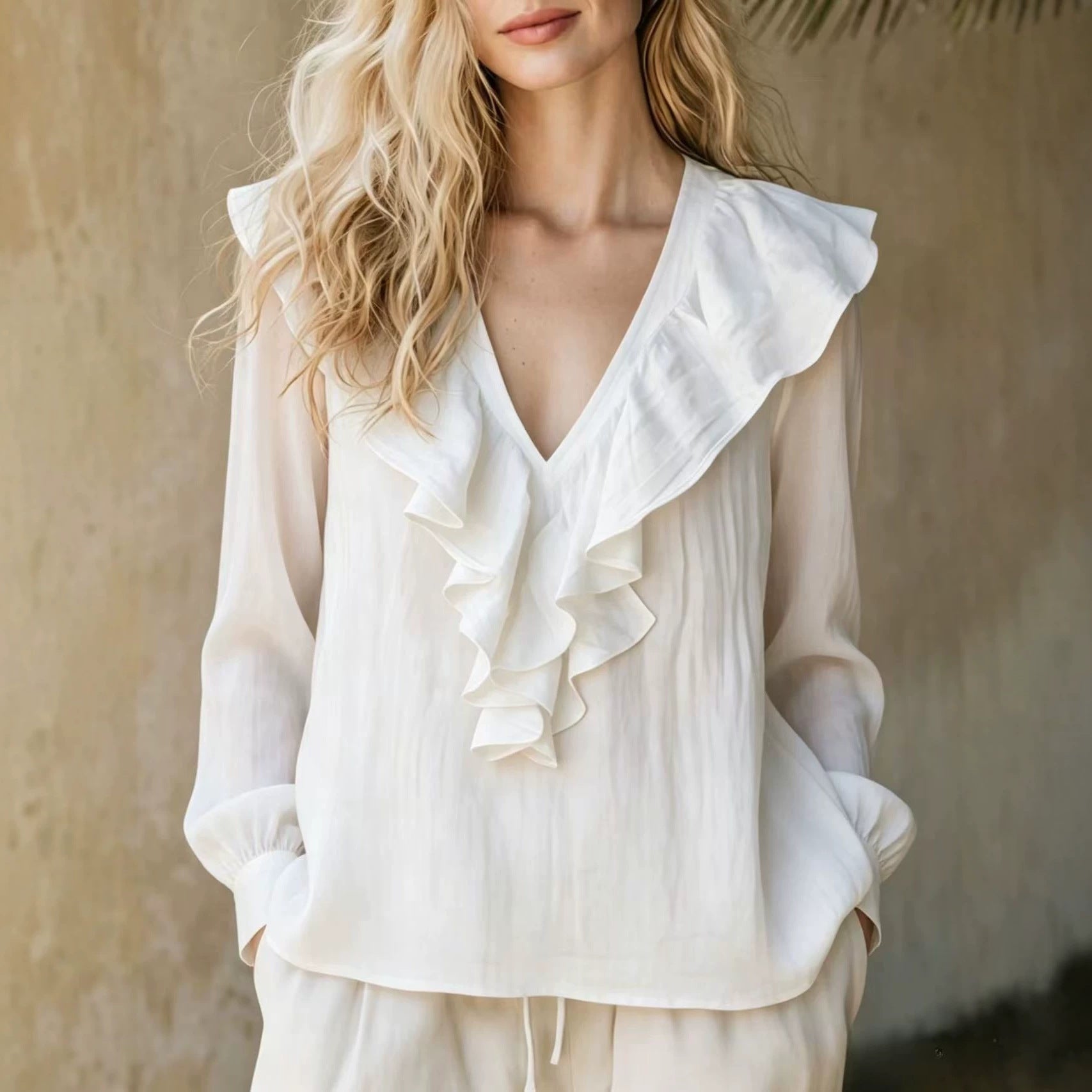 Lace-trimmed V-neck Linen French-style Long-sleeve Top