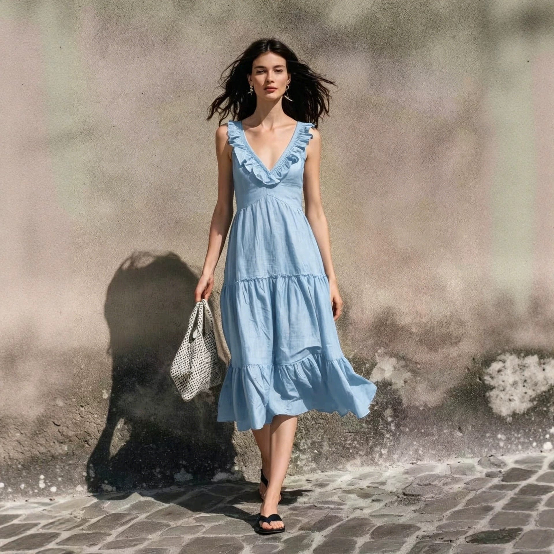 V-neck Ruffled High-waisted Figure-flattering Midi Dress