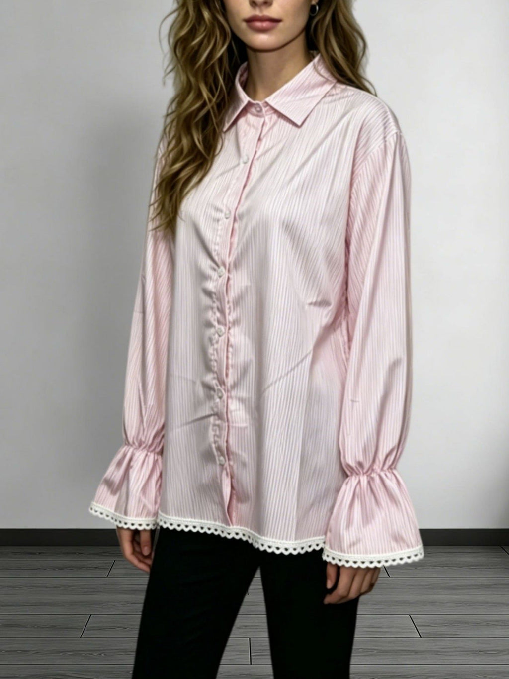 Lace Hollowed-Out Trim Flared-Sleeve Long-Sleeve Shirt
