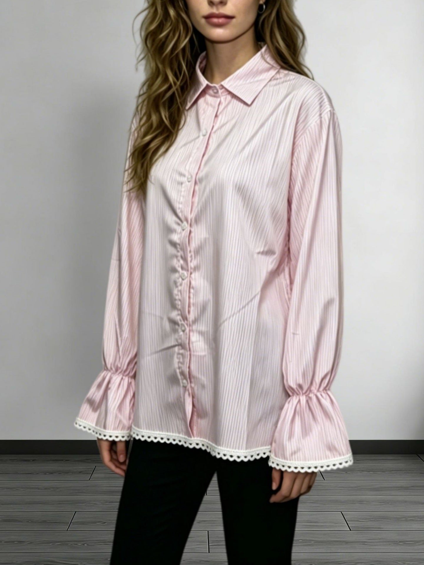 Lace Hollowed-Out Trim Flared-Sleeve Long-Sleeve Shirt