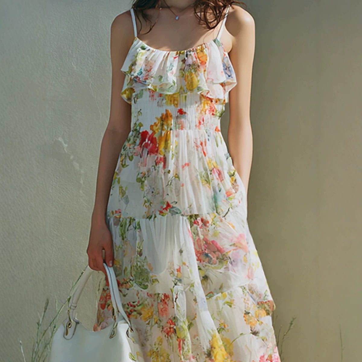 Summer Dress With A Long Bow Floral Print And Layered Chiffon