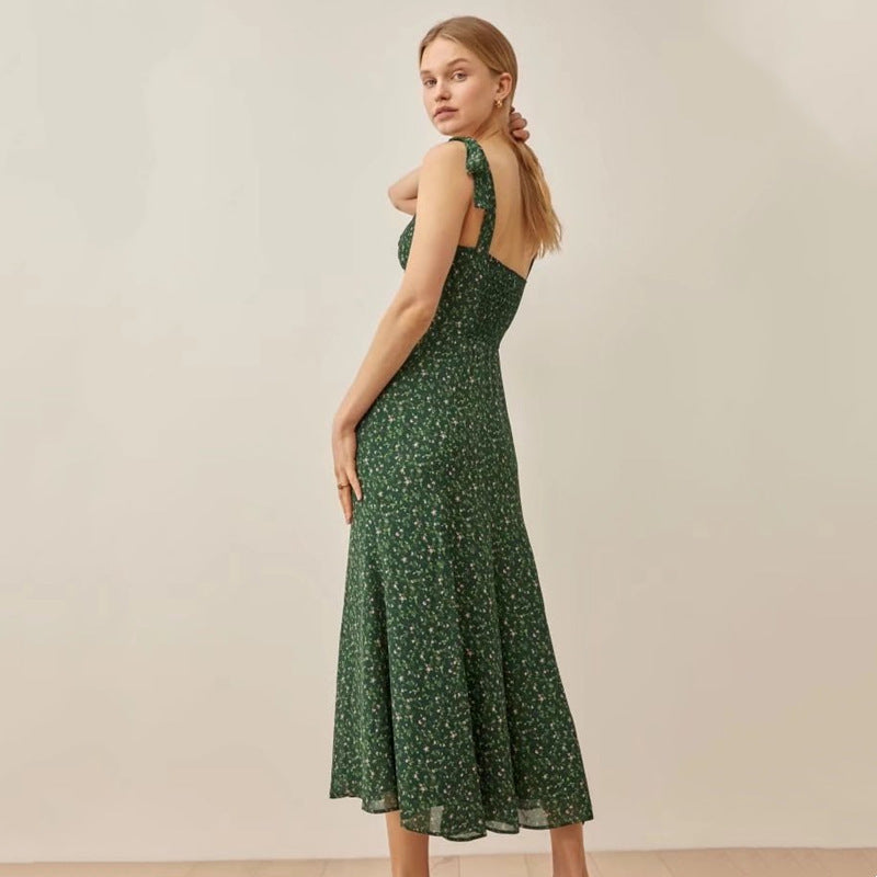 Small Floral Print Slim Fit Waist Cinching Midi Camisole Dress
