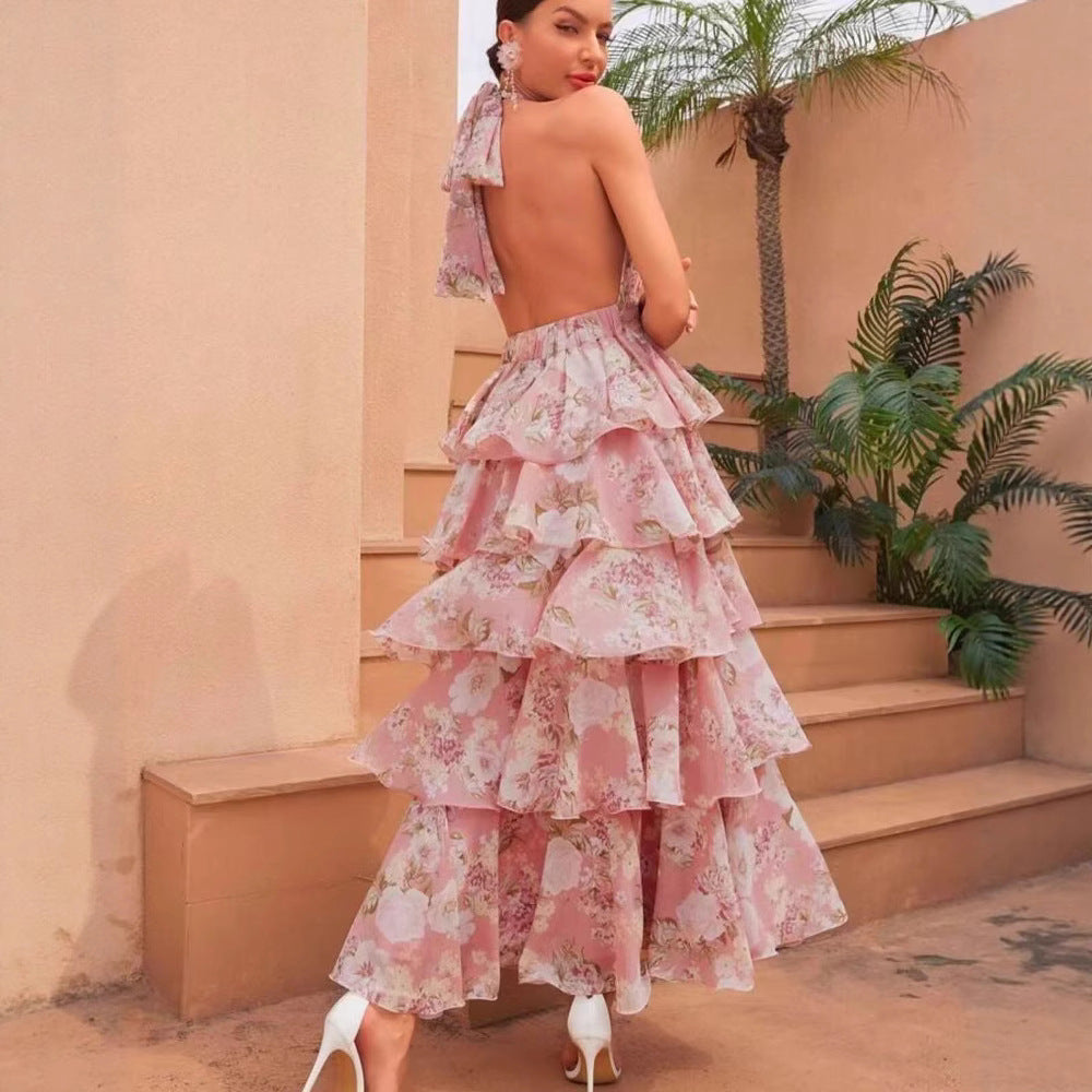 V-neck Strap Multi-layer Printed Dress