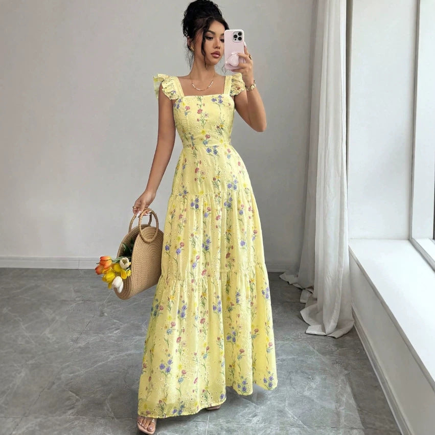 Spaghetti-strap Floral French-style Dress