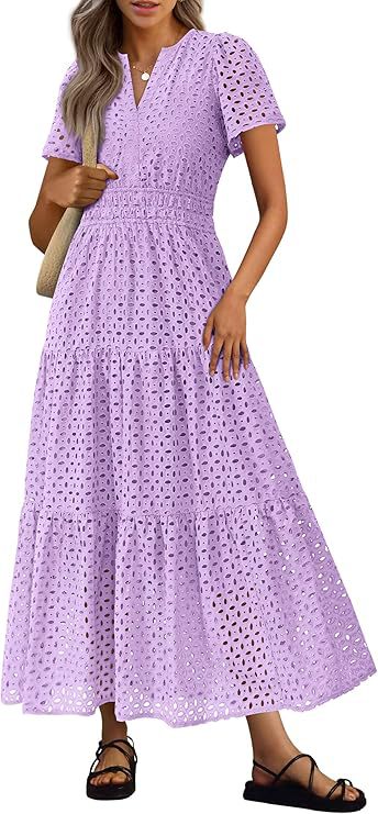 Short-Sleeve V-Neck Hollow-Out Dress