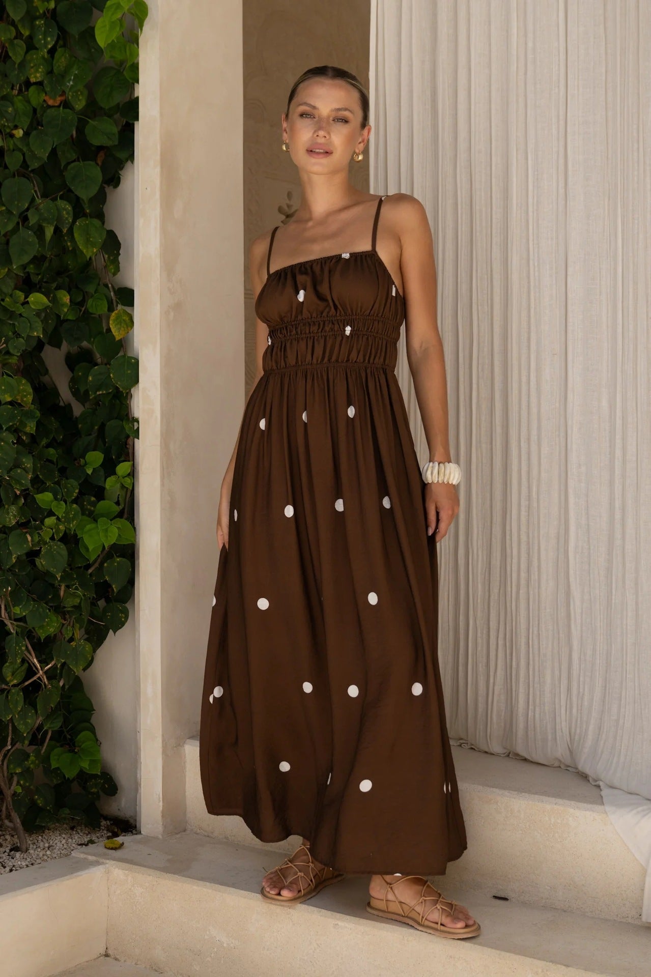 French Spaghetti Strap Ruched Bust White Polka Dot Flowy Maxi Dress