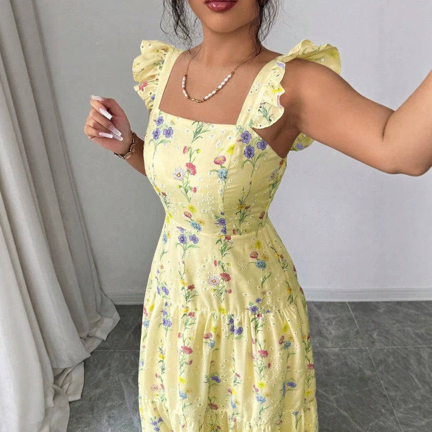 Spaghetti-strap Floral French-style Dress