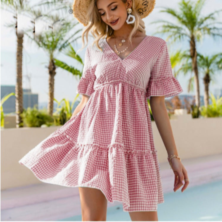 V-neck Lace-up Loose-fitting Dress
