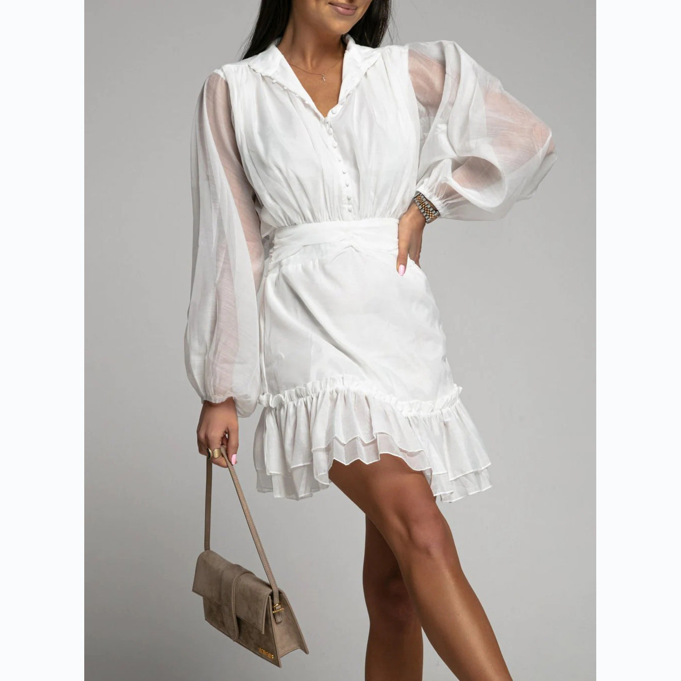 Button-front Waist-cinching Lace Dress With Ruffled Hem