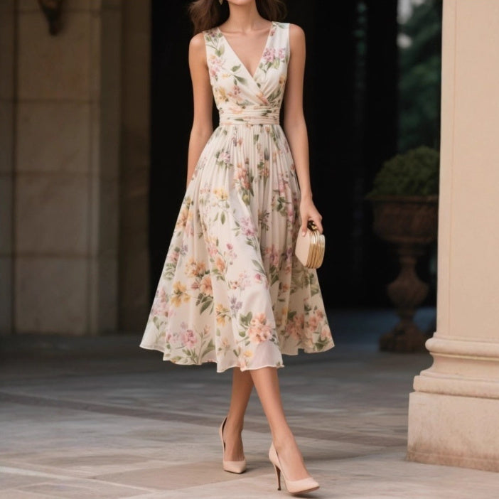 Chiffon V-neck Sleeveless A-line Bodycon Dress