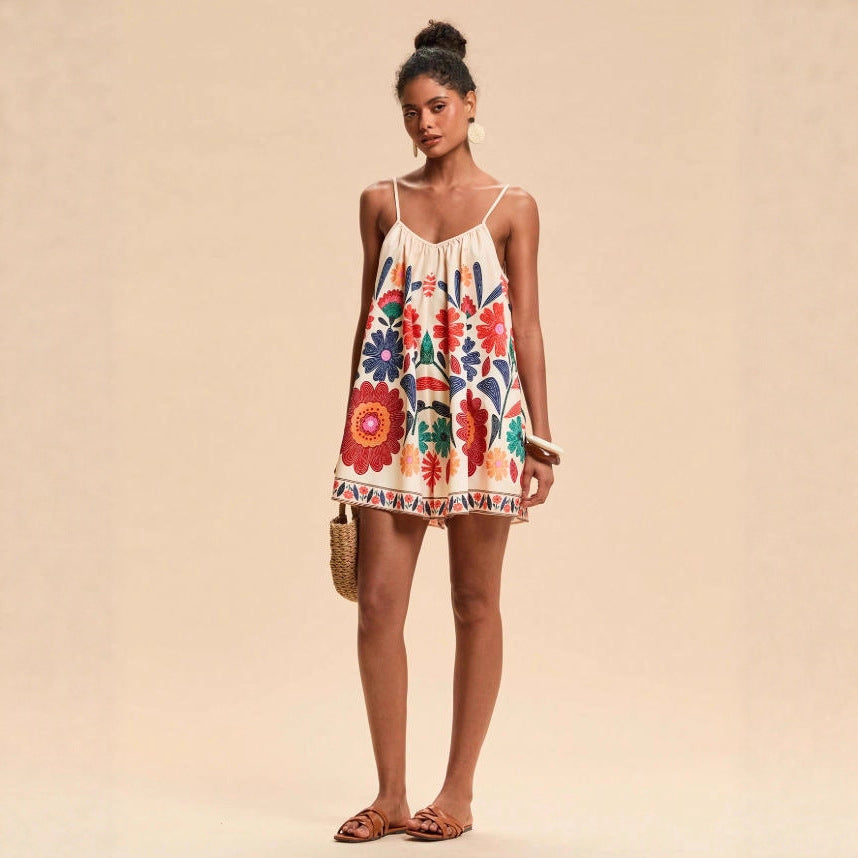 Resort-style Casual Loose-fitting Plant-floral Strap Jumpsuit