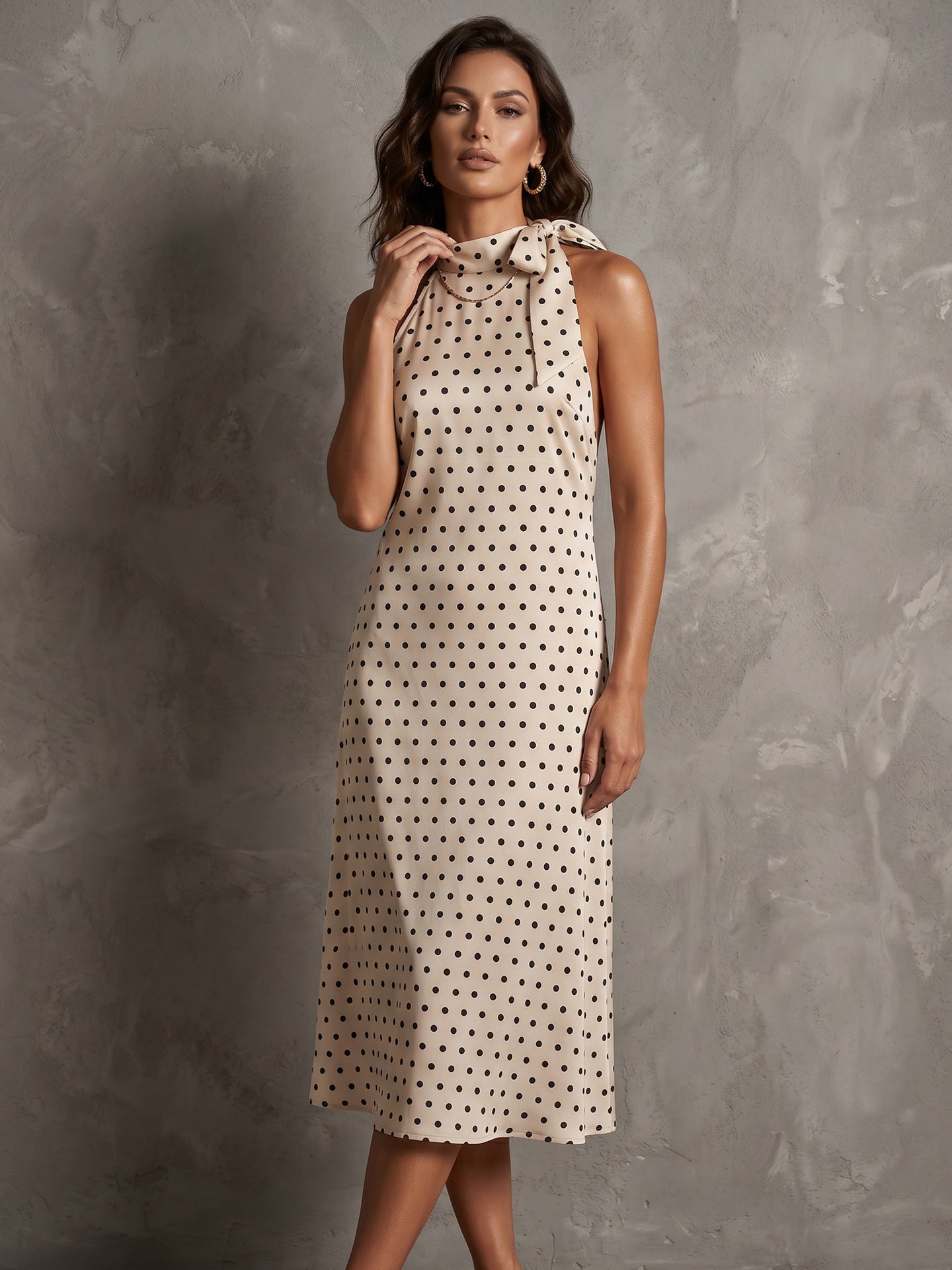 Designer-style Polka-dot Sleeveless Halter-neck Dress