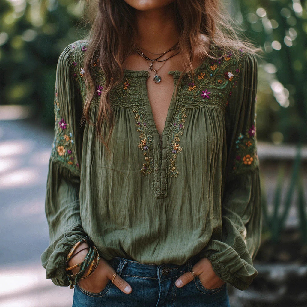Ethnic-style Embroidered Floral Lantern-sleeve Loose-fitting Top