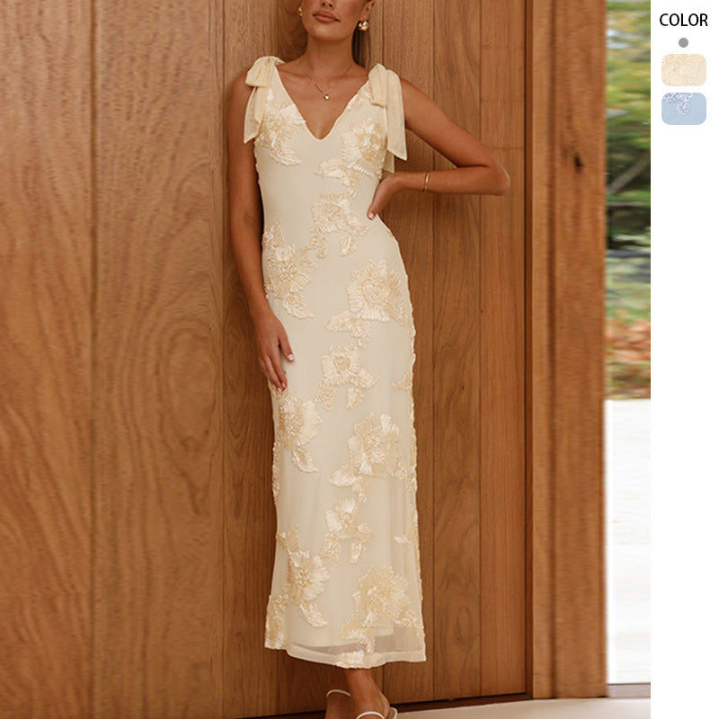 Long Dress With 3D Embroidery Backless Design And Cross-Tie Straps